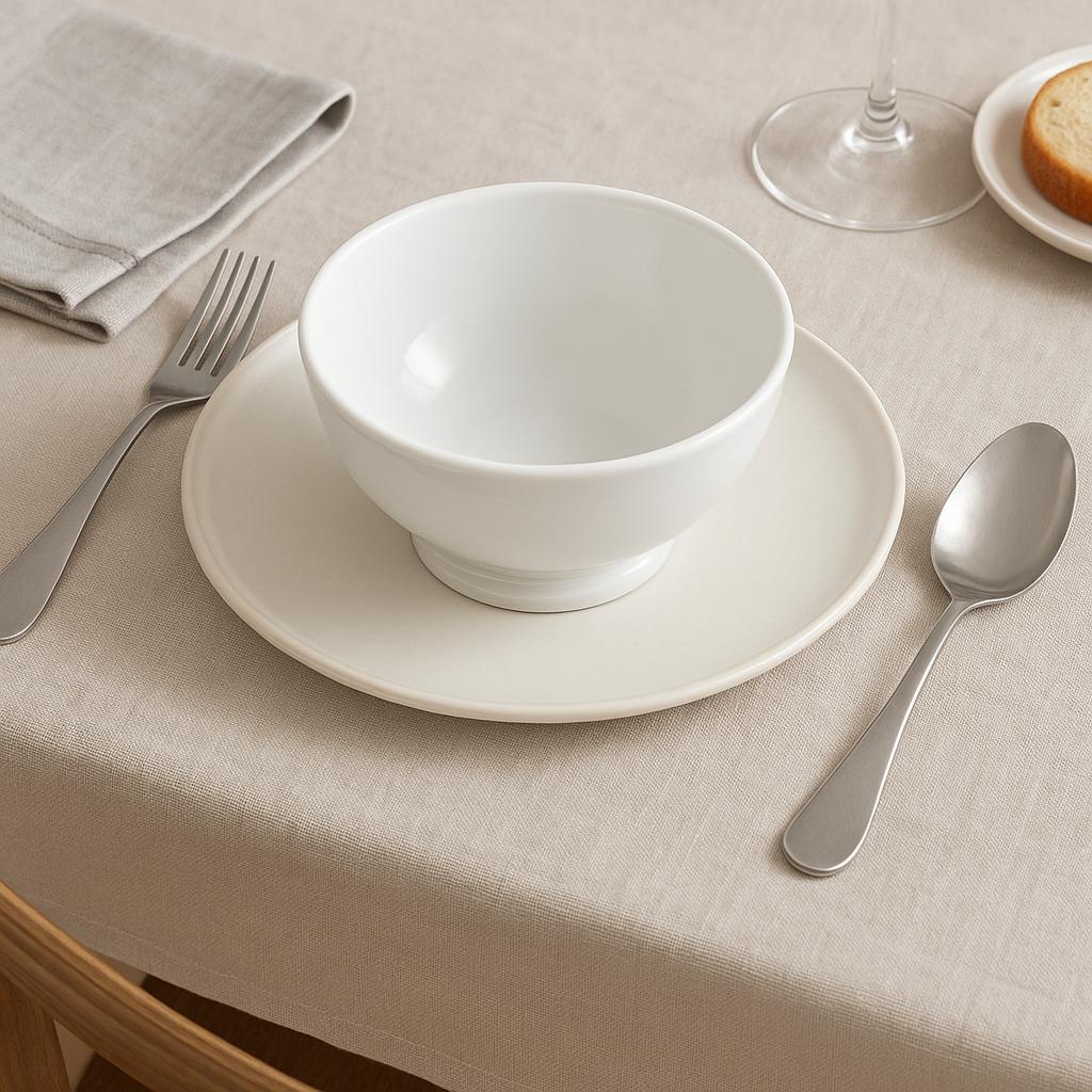 Pillivuyt Standard Bowl 13.5cm - White bowl and plate set on a beige tablecloth with silverware.