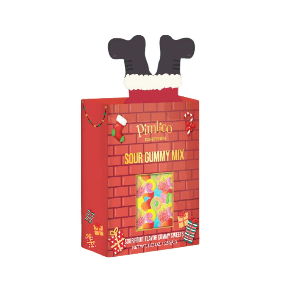 Pimlico Sour Gummy Mix Santa in Chimney Box 250g – festive lolly gift box with sour gummy mix in novelty Santa stuck in chimney design.