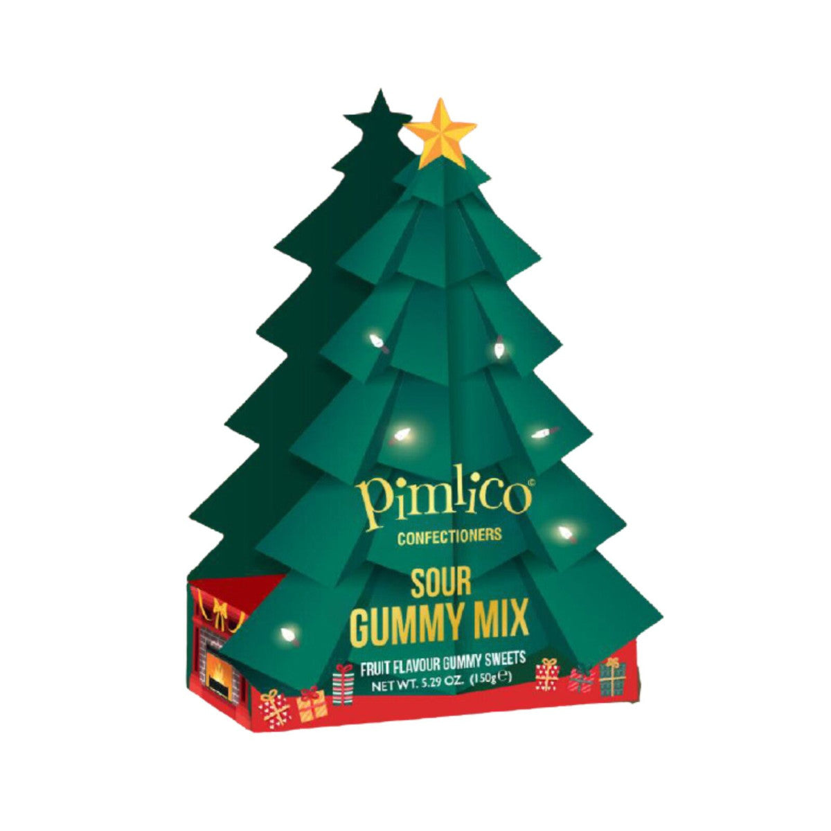 Pimlico Sour Gummy Mix Tree Box 150g – festive Christmas tree shaped gift box filled with colourful sour fruit flavour gummy sweets.