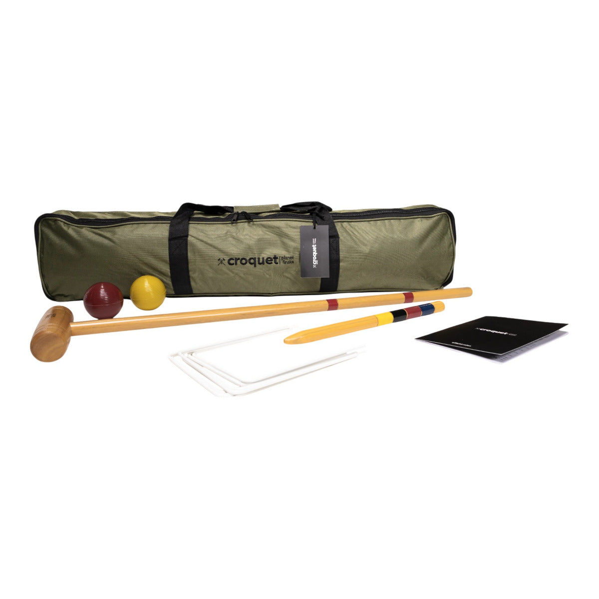 Planet Finska Croquet Family Set in Moss Green bag with mallets, balls, hoops, and rulebook