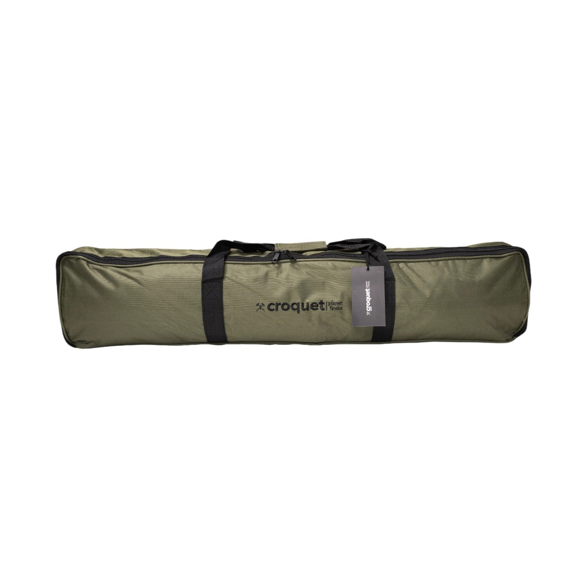 Front view of Planet Finska Croquet Family Moss Green carry bag with black handles