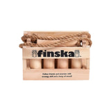 Front view of Planet Finska Mini Original Birch game set in wooden carry crate with logo