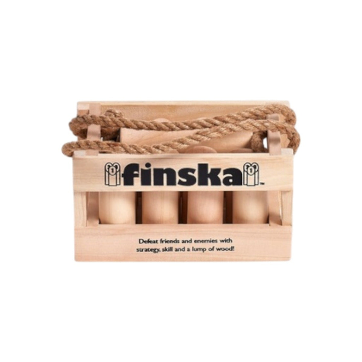 Front view of Planet Finska Mini Original Birch game set in wooden carry crate with logo