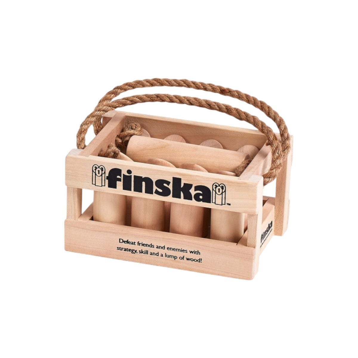 Angled view of Planet Finska Mini Original Birch game in wooden crate with rope handle
