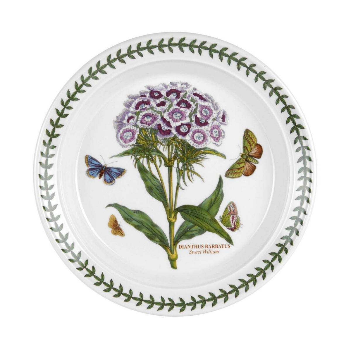 Portmeirion Botanic Garden Entrée Plate 20cm set featuring assorted floral patterns with butterflies and green leaf border, made from fine earthenware