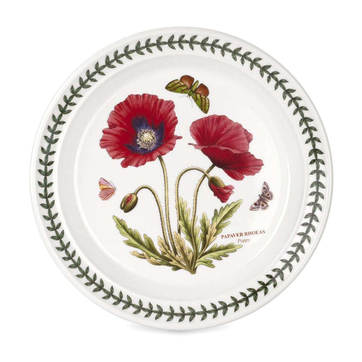 Portmeirion Botanic Garden Entrée Plate 20cm set featuring assorted floral patterns with butterflies and green leaf border, made from fine earthenware