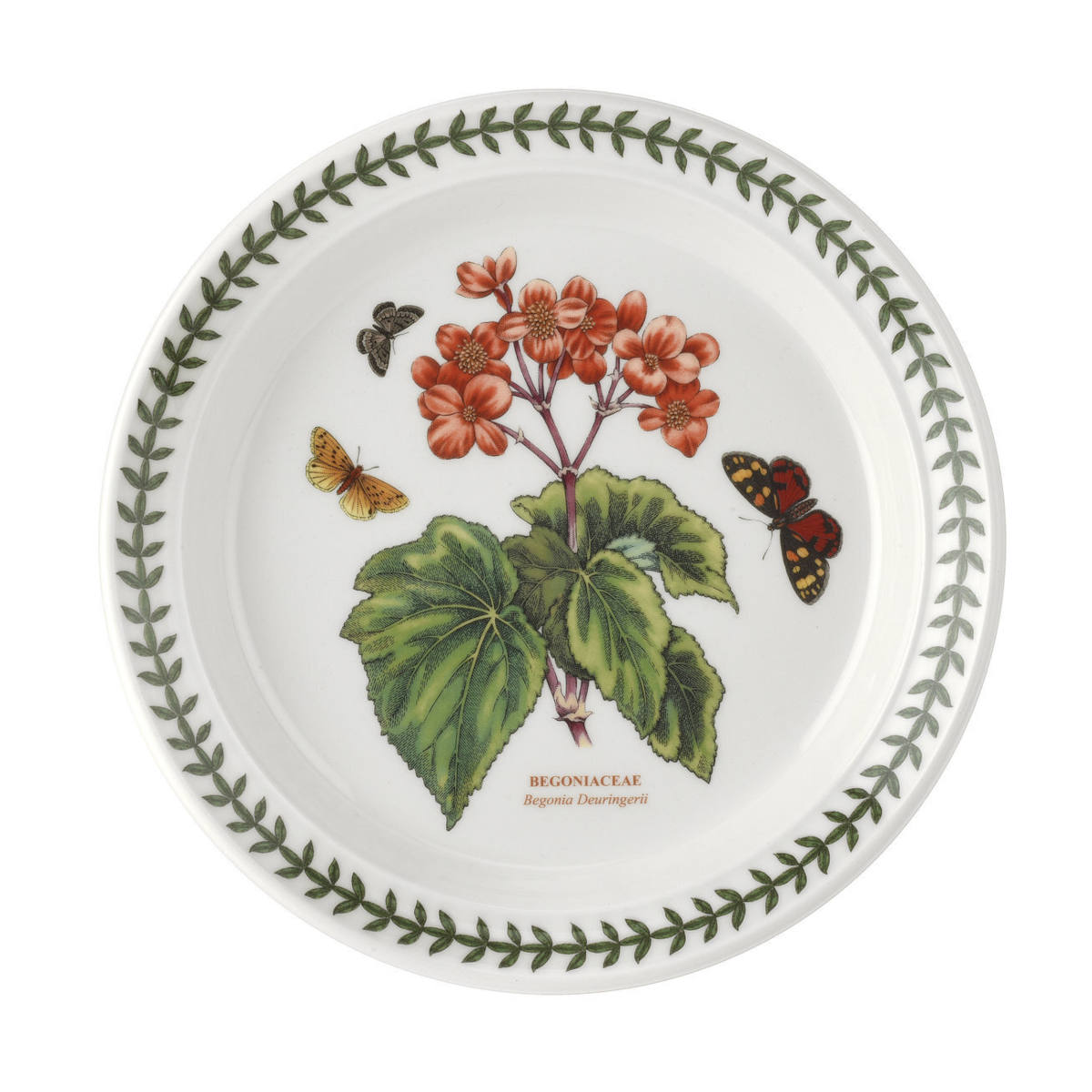 Portmeirion Botanic Garden Entrée Plate 20cm set featuring assorted floral patterns with butterflies and green leaf border, made from fine earthenware