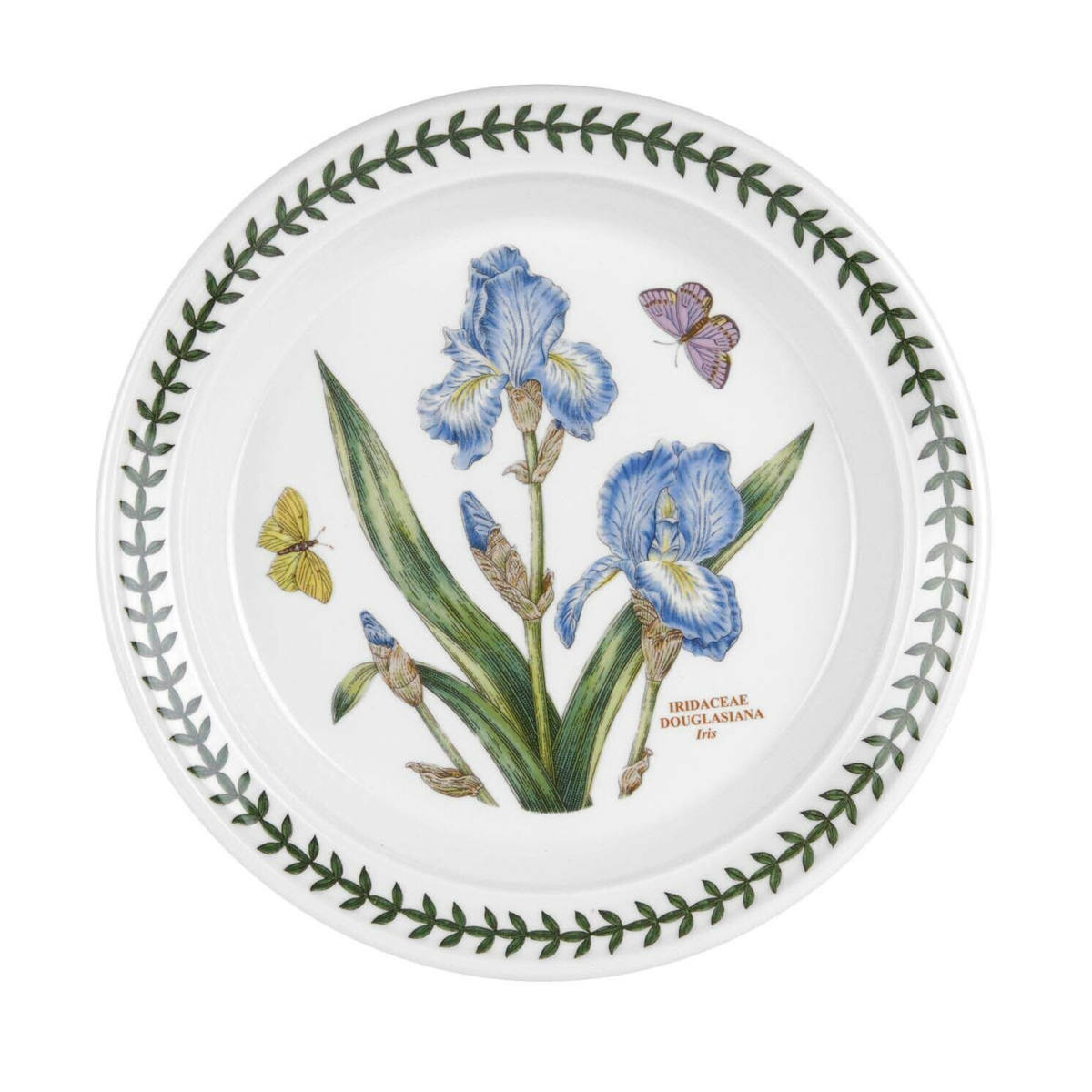 Portmeirion Botanic Garden Entrée Plate 20cm set featuring assorted floral patterns with butterflies and green leaf border, made from fine earthenware