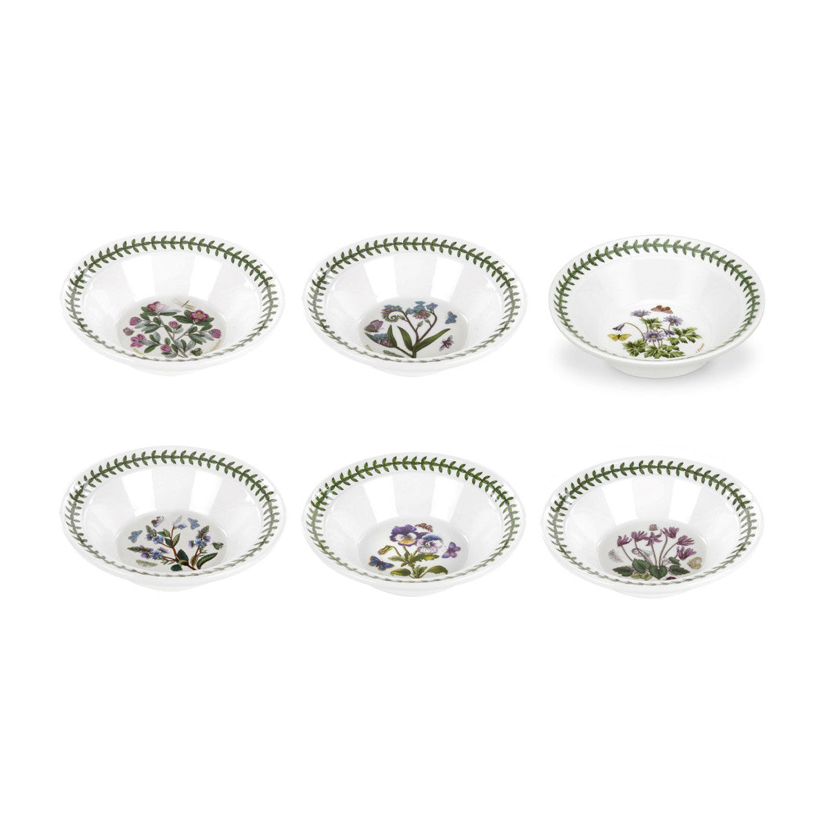 Portmeirion Botanic Garden 15cm oatmeal bowls set with assorted floral designs and green leaf border