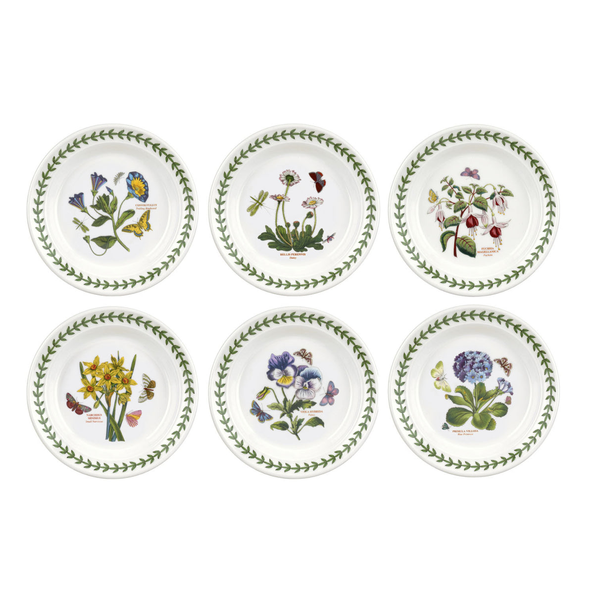 Portmeirion Botanic Garden Side Plate 16.5cm set featuring floral designs with butterflies and green leaf border, assorted botanical patterns