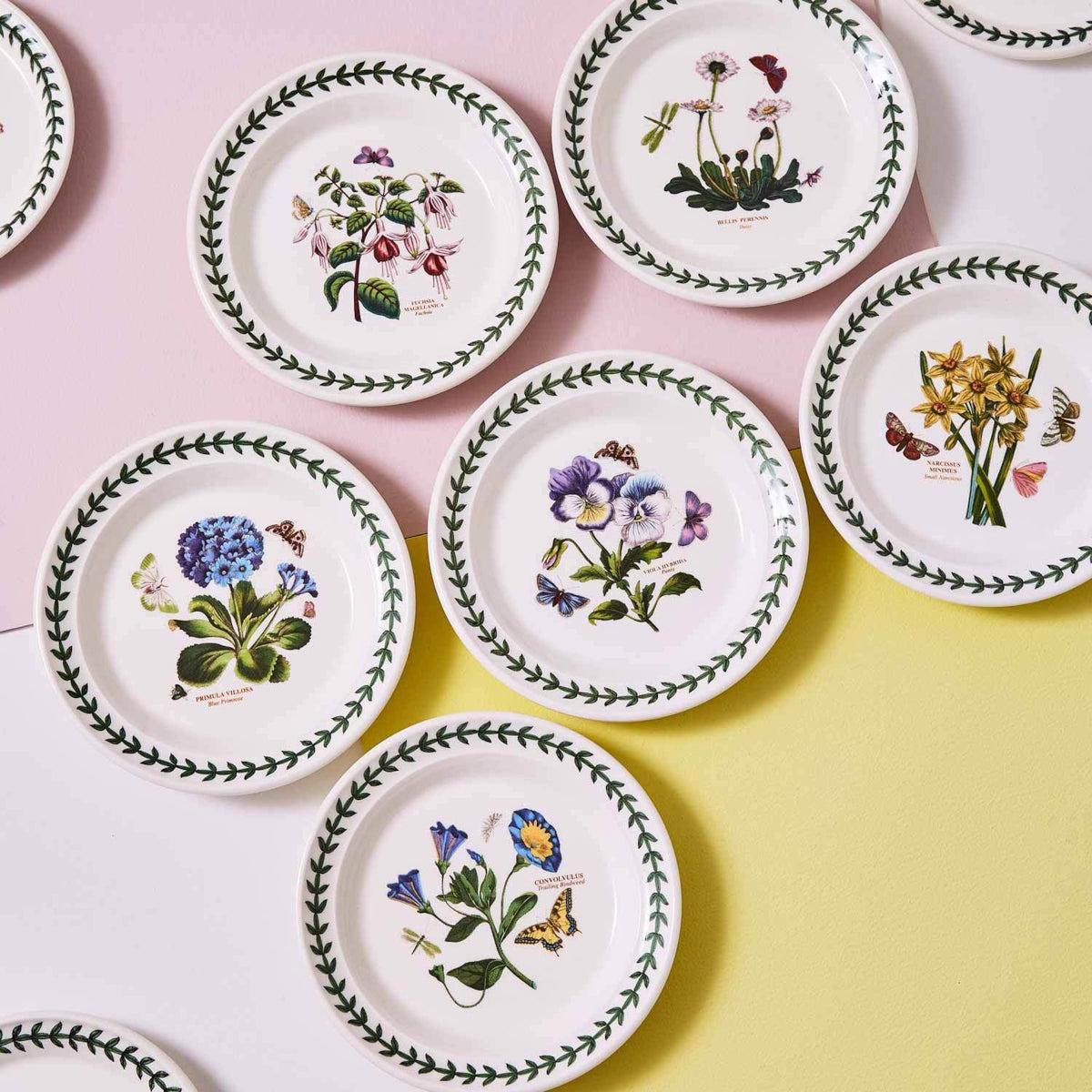 Portmeirion Botanic Garden Side Plate 16.5cm set featuring floral designs with butterflies and green leaf border, assorted botanical patterns
