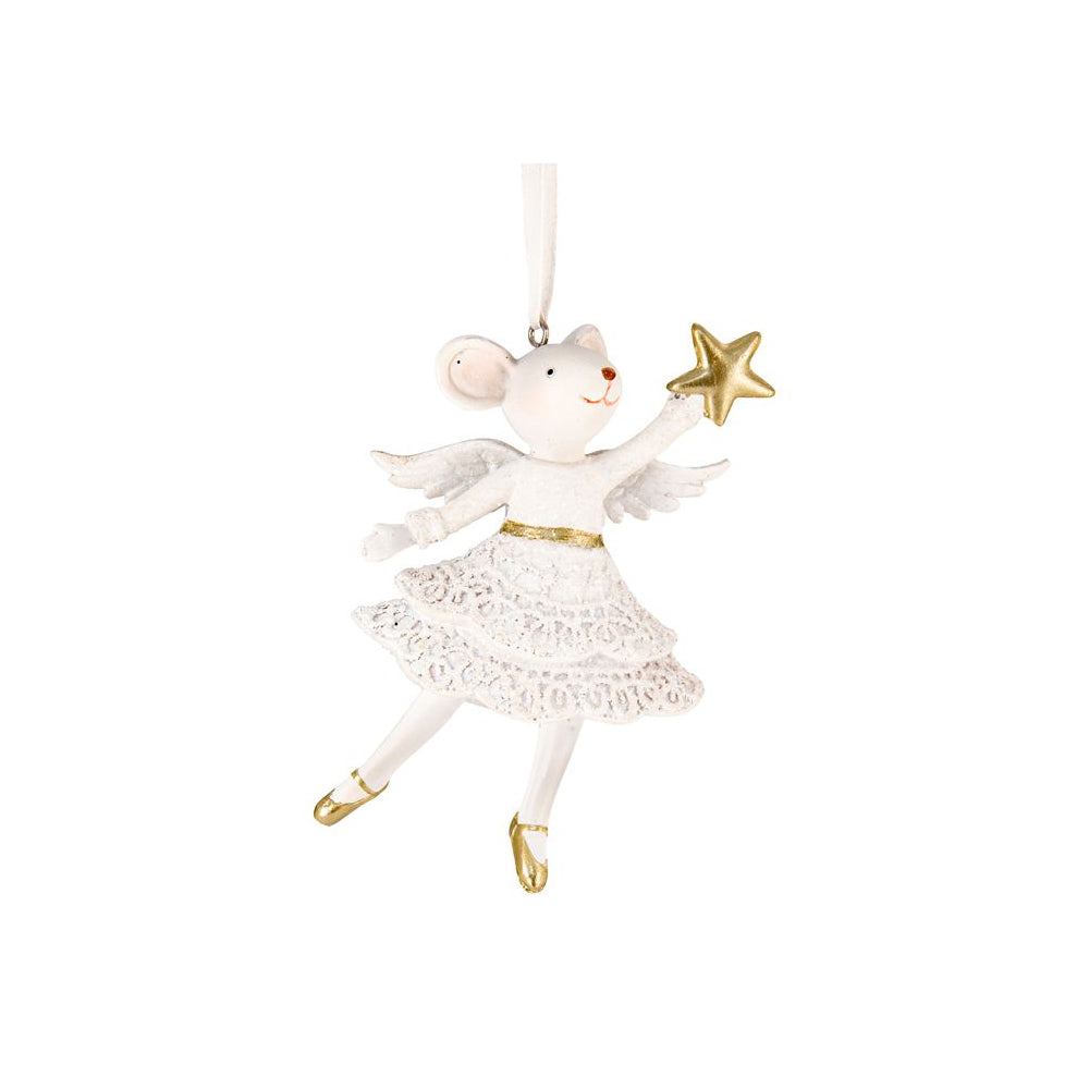 Pure Christmas Ballerina Mouse Decoration – white resin mouse ornament with lace dress and gold accents 11cm