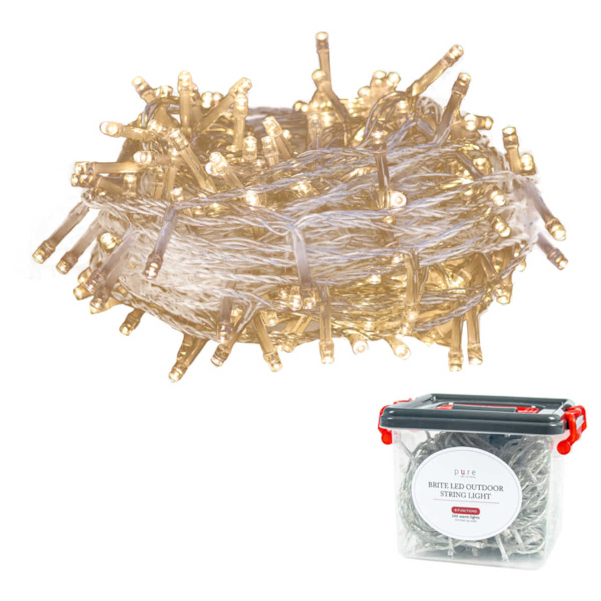 Pure Christmas Brite LED String Lights – 80 warm white bulbs across 25m with 8 lighting functions.