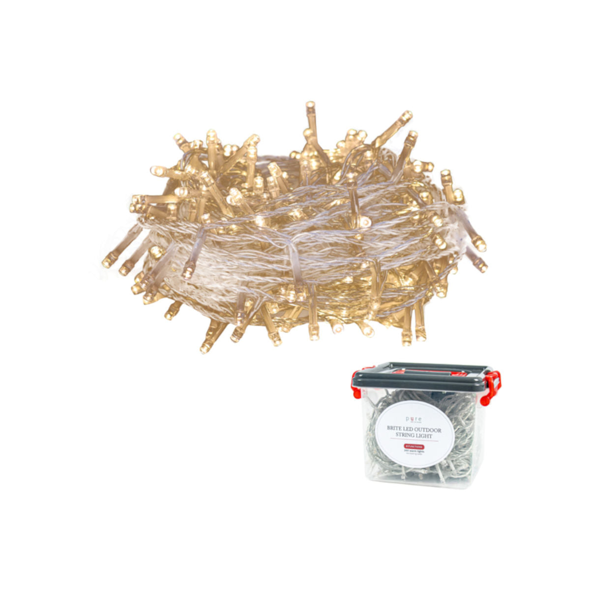 Pure Christmas Brite LED String Lights – 80 warm white bulbs across 12m with 8 lighting functions.