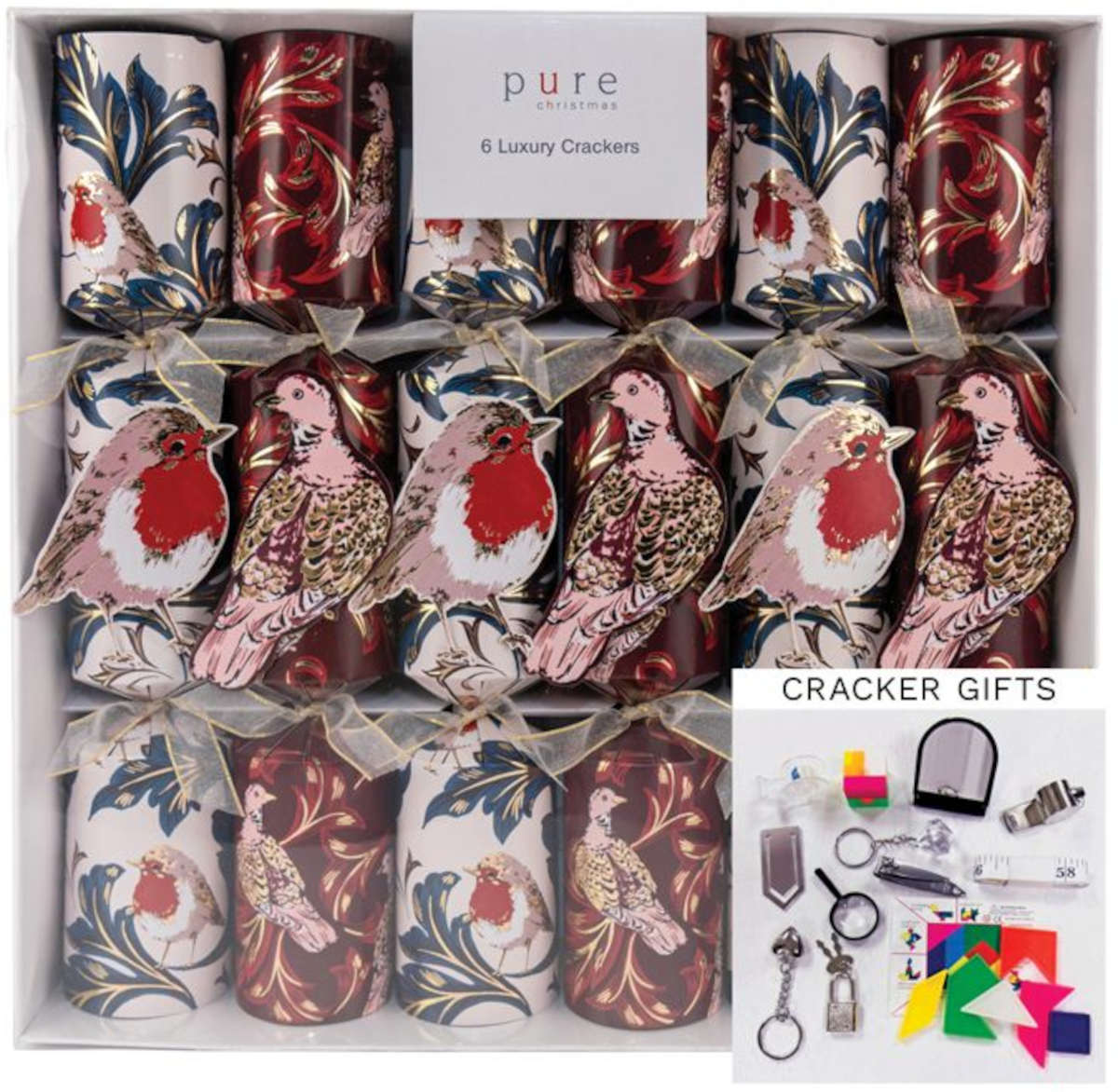 Pure Christmas Luxury Birds 36cm – set of 6 festive crackers with bird design