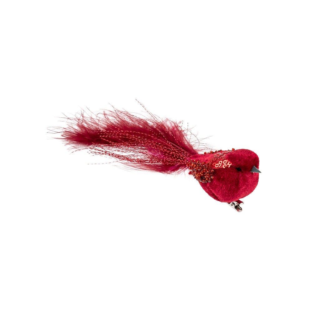 Pure Christmas Velvet Sequin Bird Clip Red