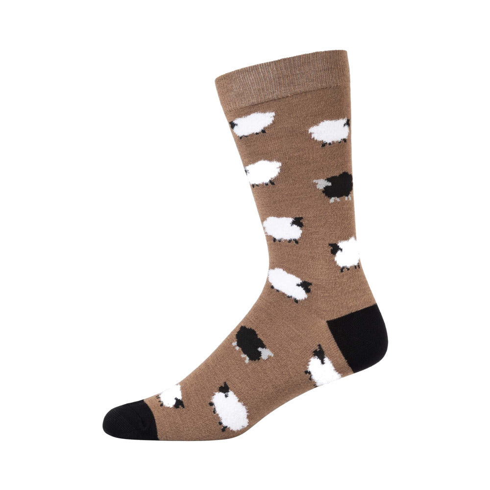 Pussyfoot fluffy sheep socks taupe, novelty crew socks with sheep pattern and contrast black toe and heel