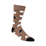 Pussyfoot taupe sheep socks side view, fun novelty crew socks with sheep design and black heel toe