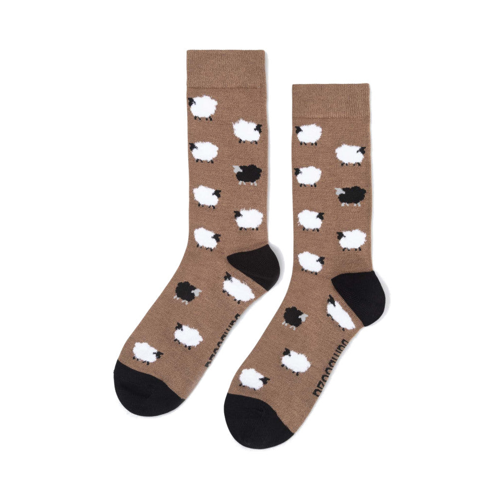 Pussyfoot fluffy sheep socks taupe pair, novelty animal print crew socks with sheep pattern