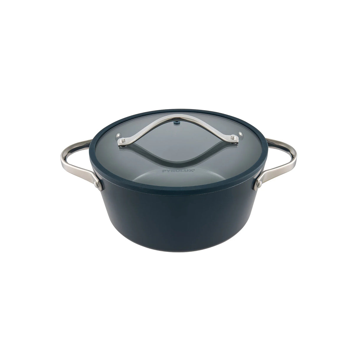 Pyrolux NEXGEN Casserole Denim 24cm (4.4L), front angled view with glass lid and side handles on white background
