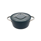Pyrolux NEXGEN Casserole Denim 24cm (4.4L), front angled view with glass lid and side handles on white background