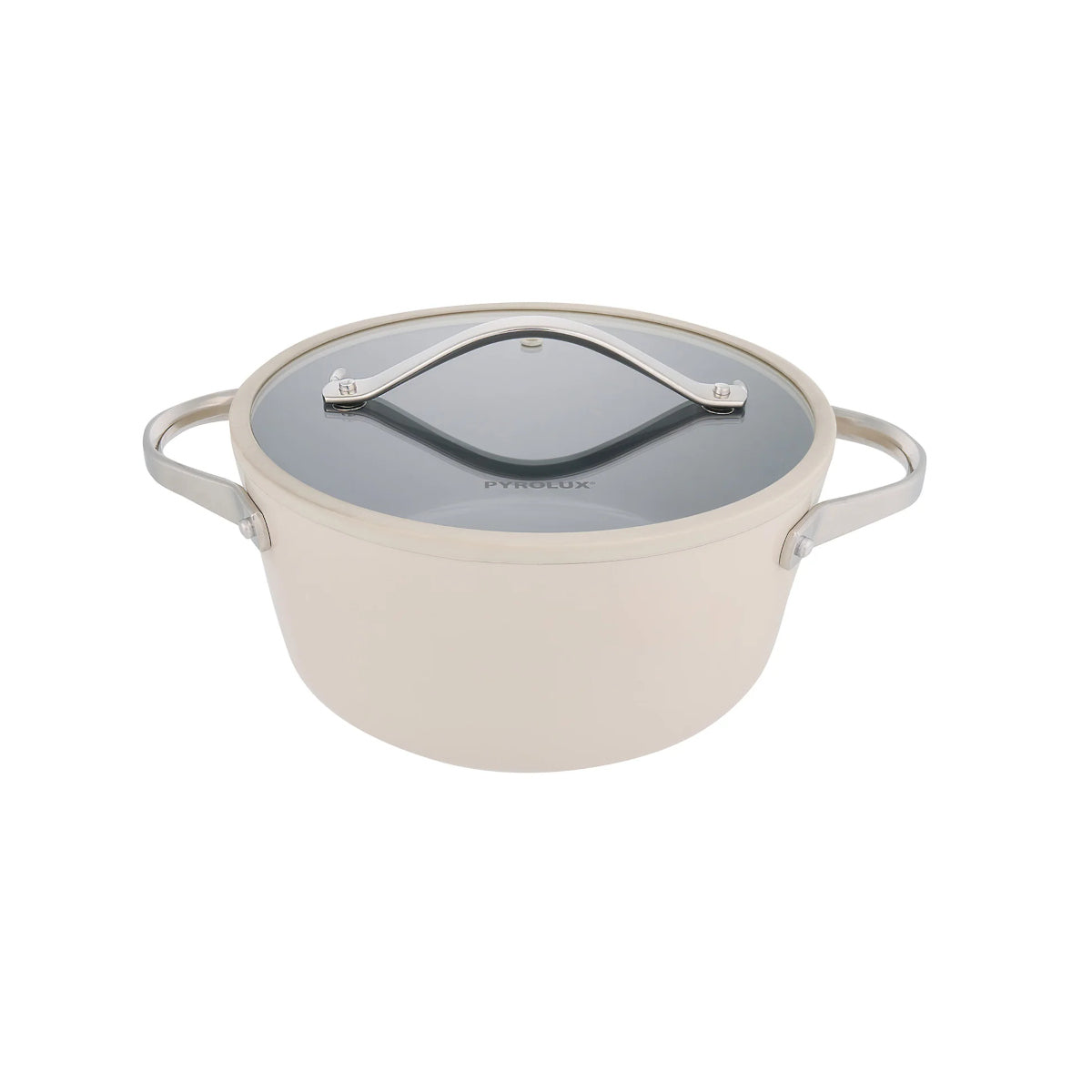 Pyrolux Nexgen casserole dish in ivory with glass lid and stainless steel handles