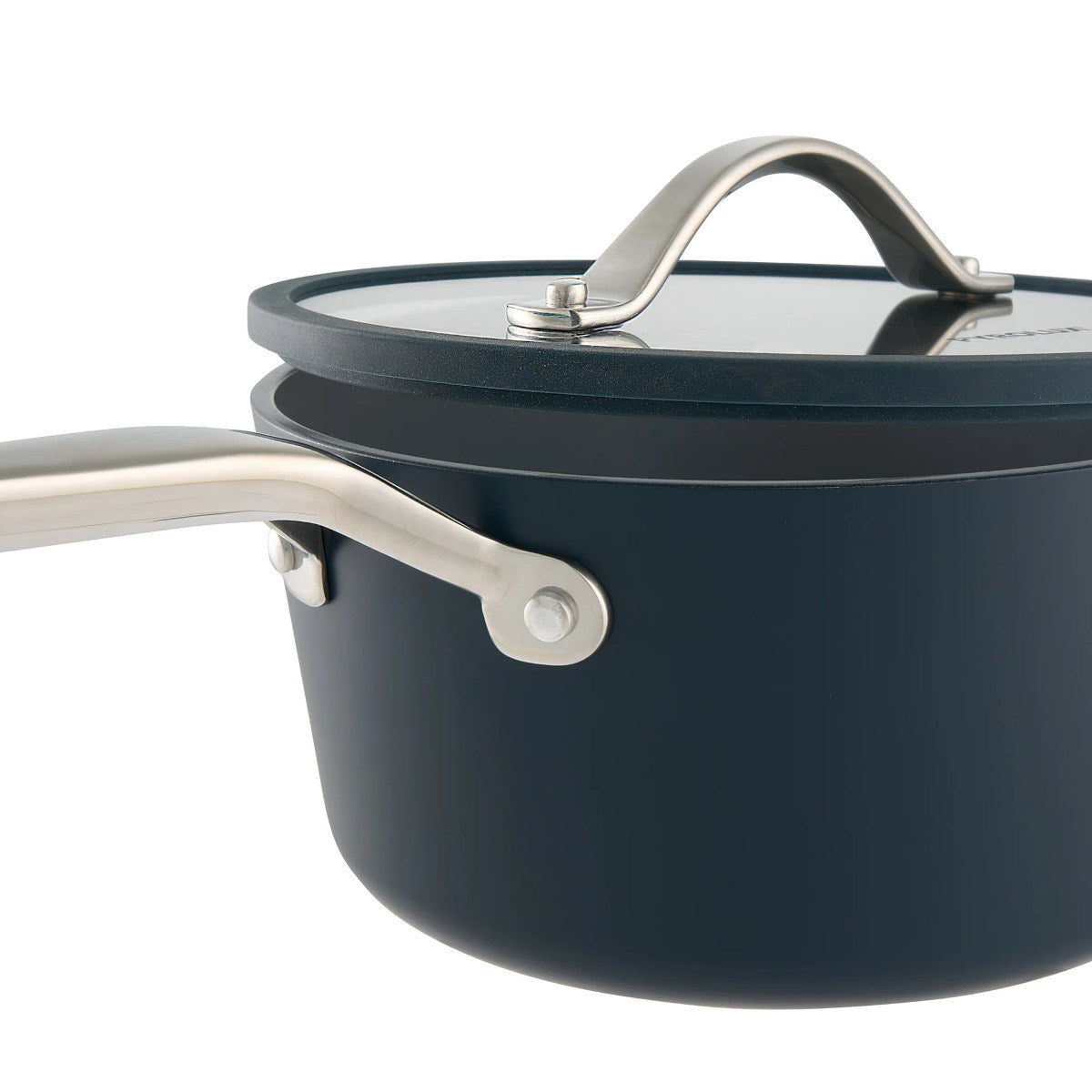 Close-up of Pyrolux Nexgen saucepan showing handle attachment and lid detail