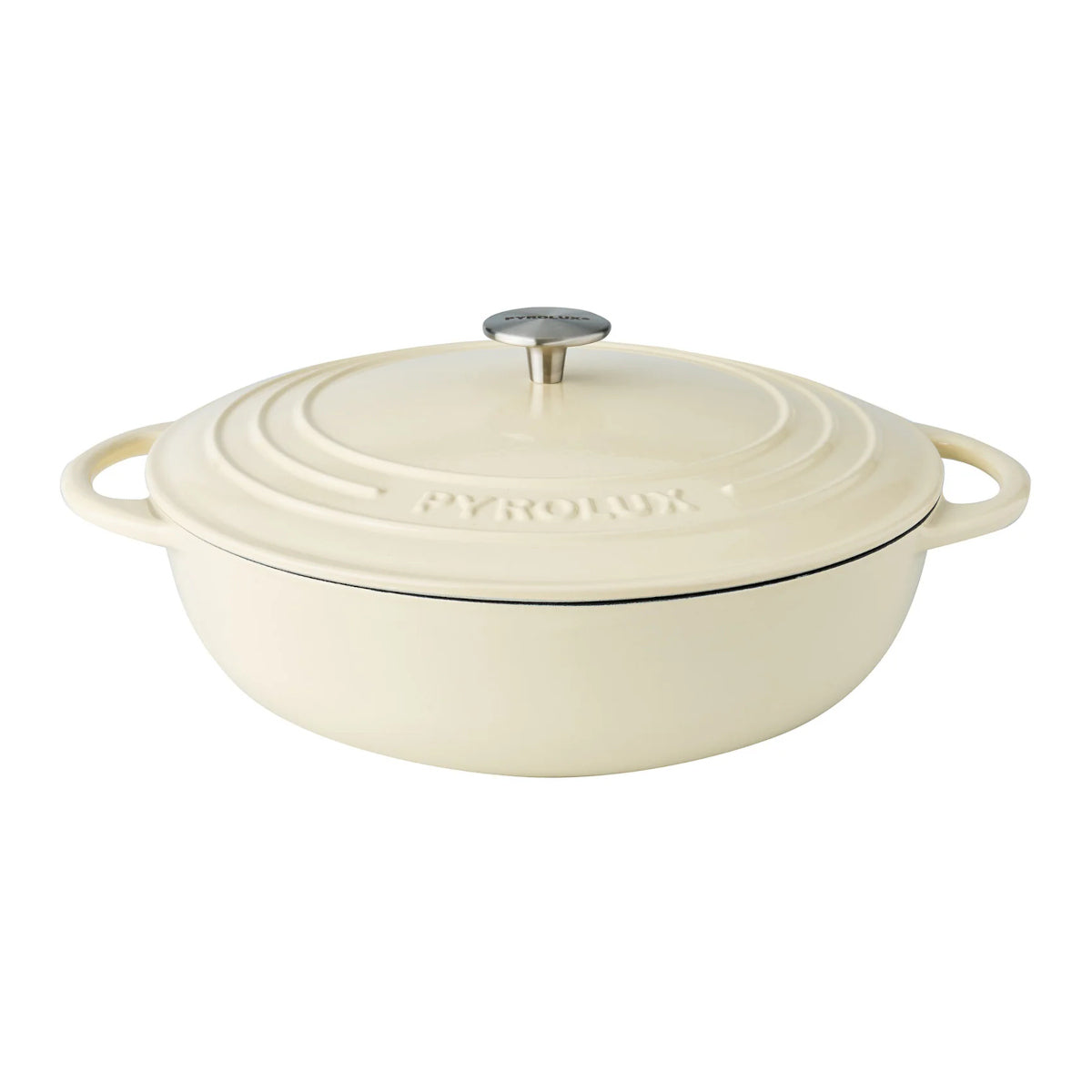 Pyrolux Pyrochef Chef's Pan Meringue 30cm – angled front view with closed lid and silver knob