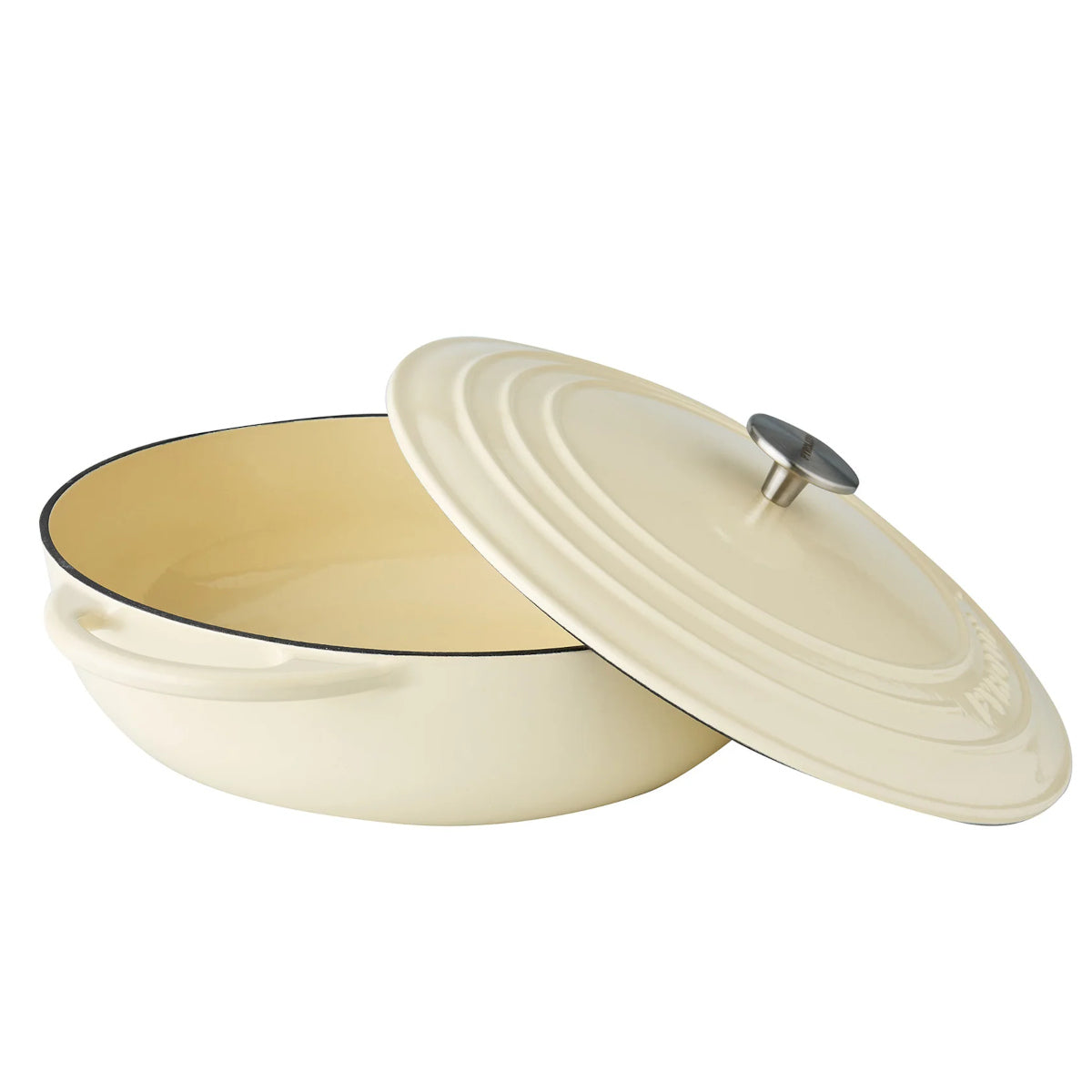 Pyrolux Pyrochef Chef's Pan Meringue 30cm – pan with lid slightly open, angled side view