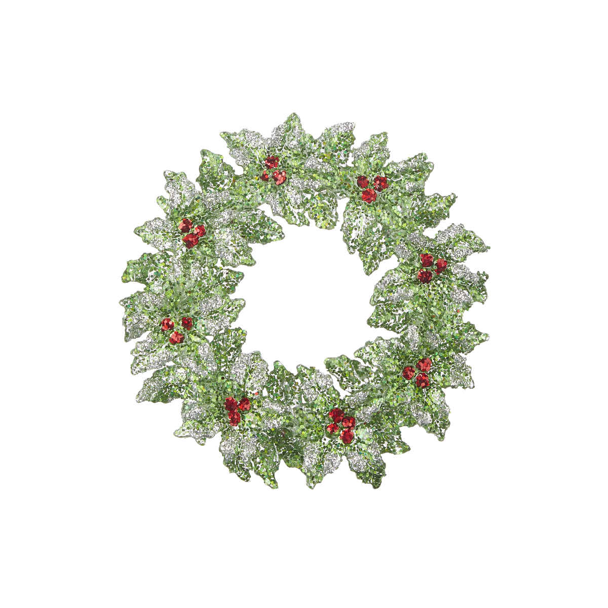 RAZ Glittered Holly Wreath 13cm – green holly leaves with red berries and gold glitter