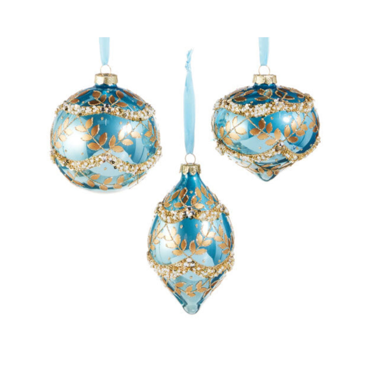 RAZ Leaf Bauble 10cm – round blue bauble with gold leaf and glitter detail