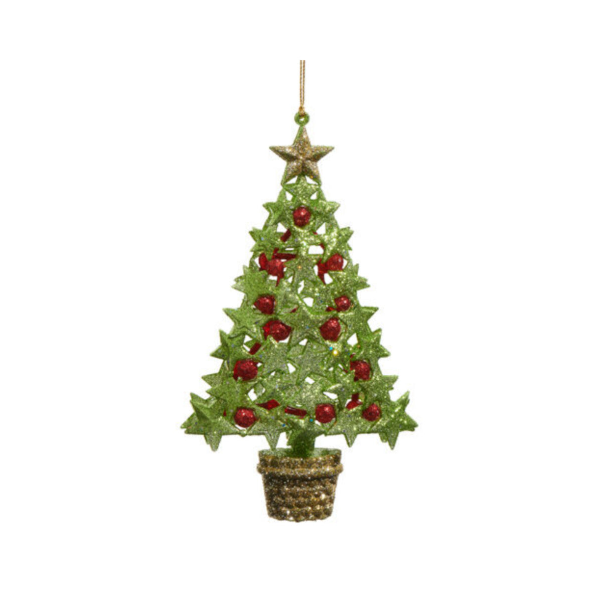 RAZ Star and Berry Tree Hanging Decoration 15cm – glitter green tree with red berries
