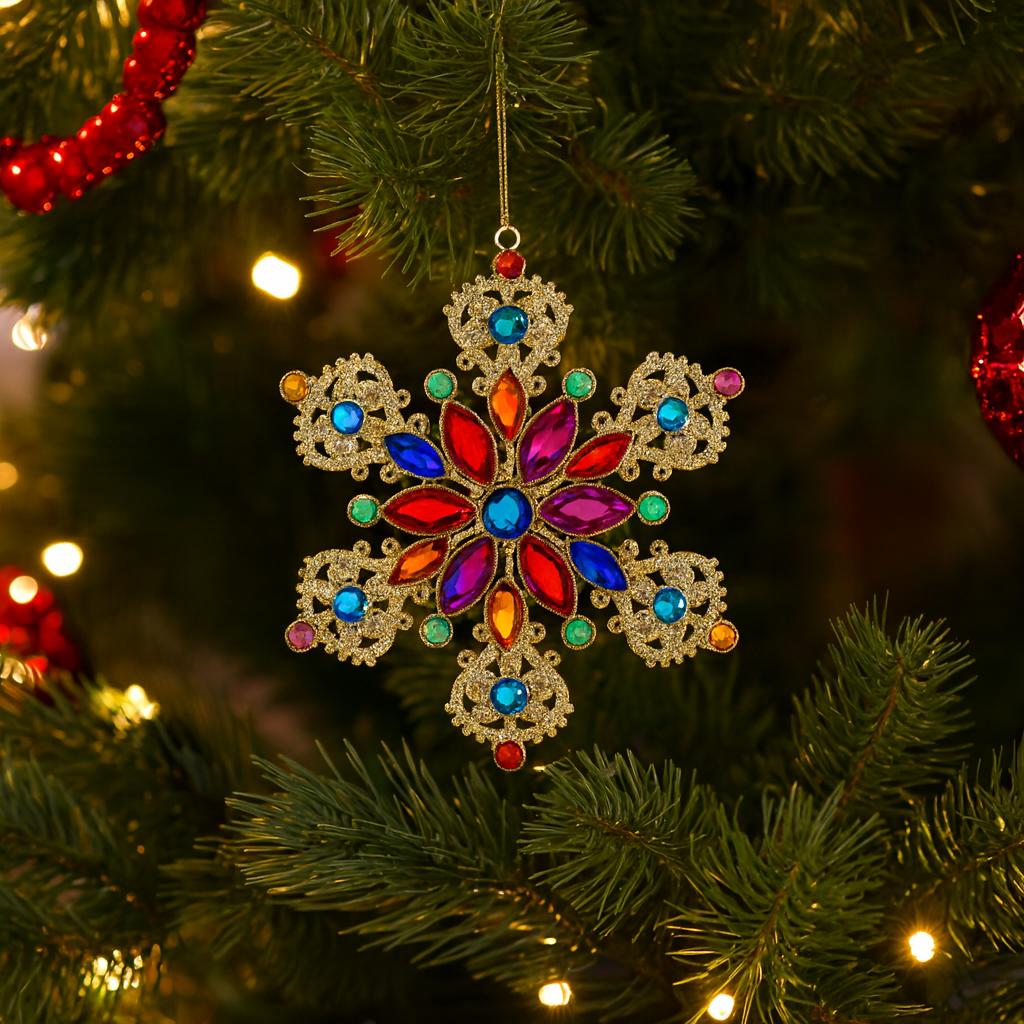RAZ Jeweled Snowflake Hanging Decoration Multicolour 14cm - Colorful snowflake ornament on a Christmas tree with blurred lights in the background