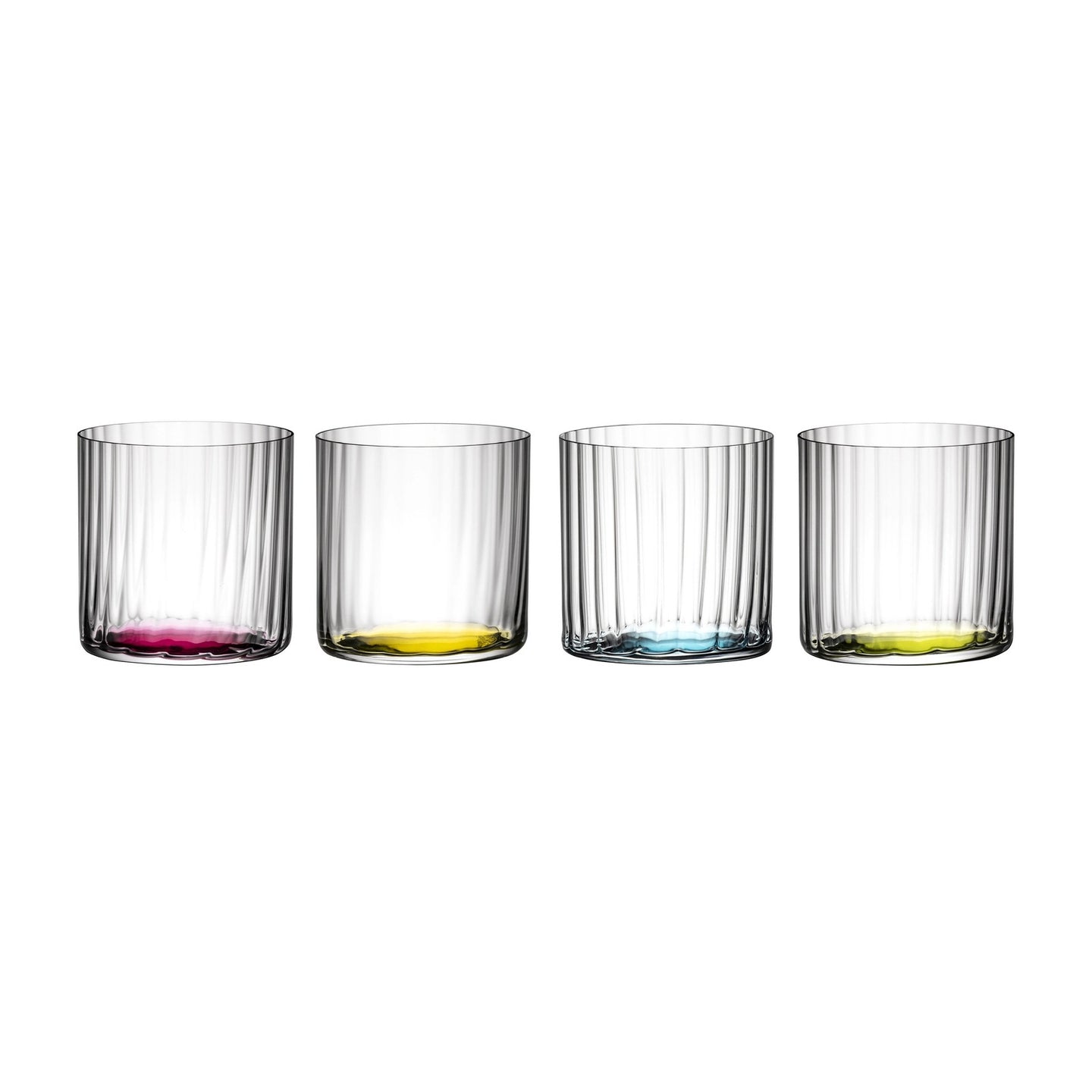 RIEDEL Happy O Optic tumbler set of 4, 330ml crystal glasses with coloured bases in pink, yellow, blue, and green