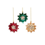 RAZ Jewel Brooch Hanging Ornament – assorted set of three jeweled flower brooch ornaments in red, green, and gold with sparkling crystal centres, plain background