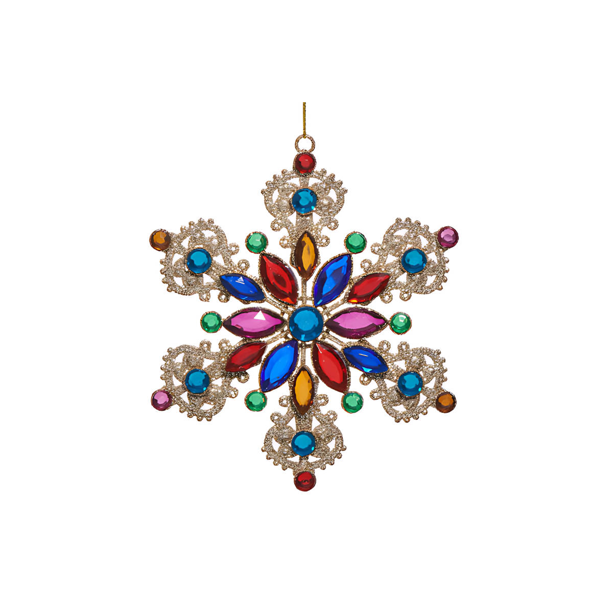 RAZ Jeweled Snowflake Hanging Decoration Multicolour 14cm – ornate snowflake design with red, blue, green, pink and orange faceted jewels on a gold frame, plain background