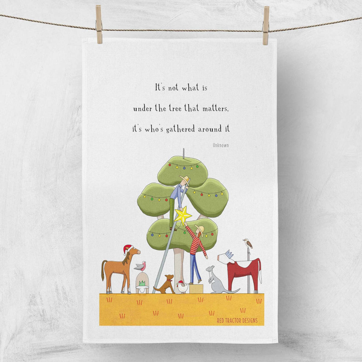 Red Tractor Designs Gather Around The Tree Christmas Tea Towel – festive cotton kitchen towel featuring tree and farm animals.