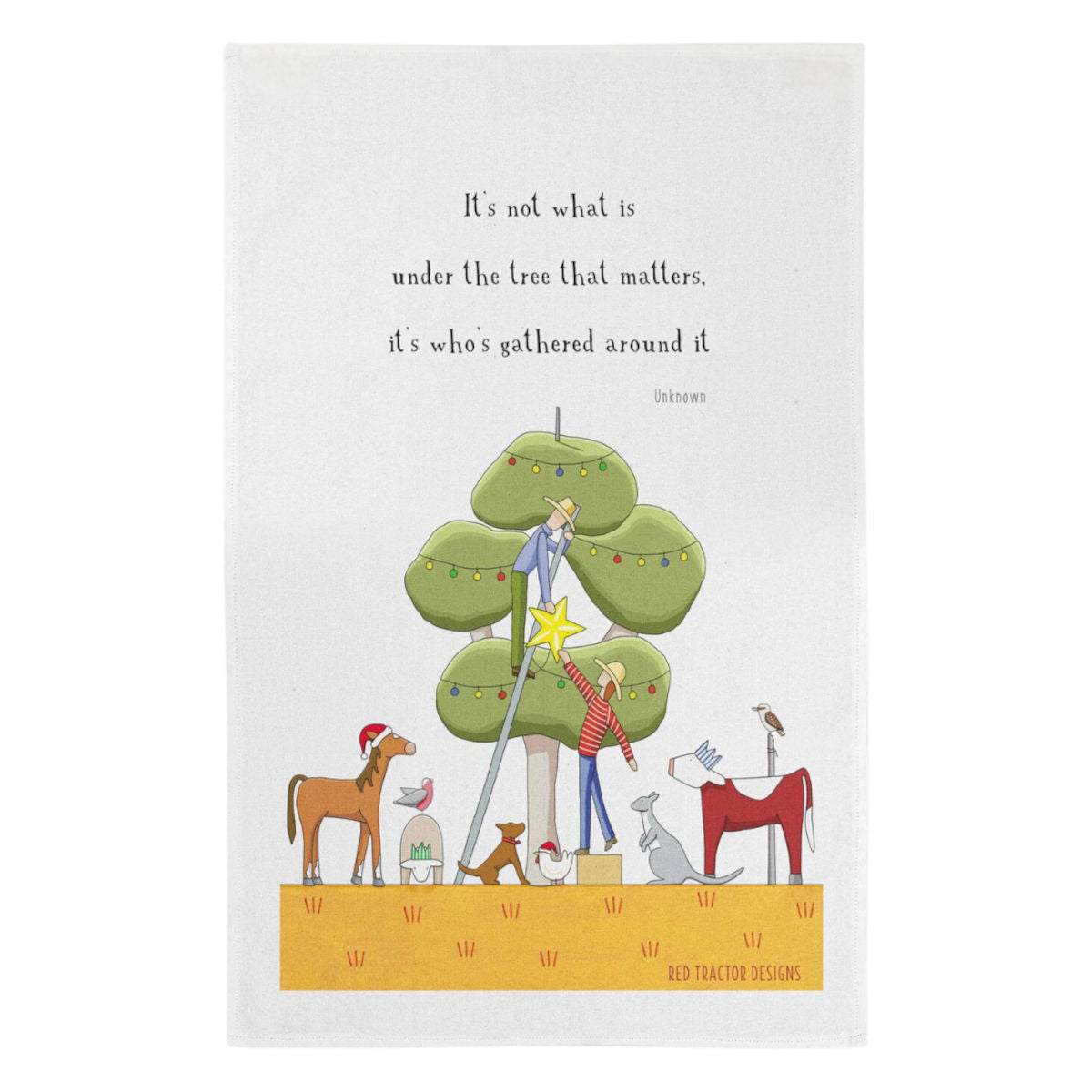 Red Tractor Designs Gather Around The Tree Christmas Tea Towel