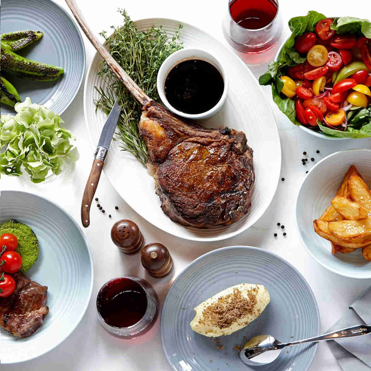 Royal Doulton Gordon Ramsay Maze Dinner Set Blue 12 Piece – plated meal with steak, salad, and sides