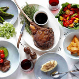 Royal Doulton Gordon Ramsay Maze Dinner Set Blue 12 Piece – plated meal with steak, salad, and sides