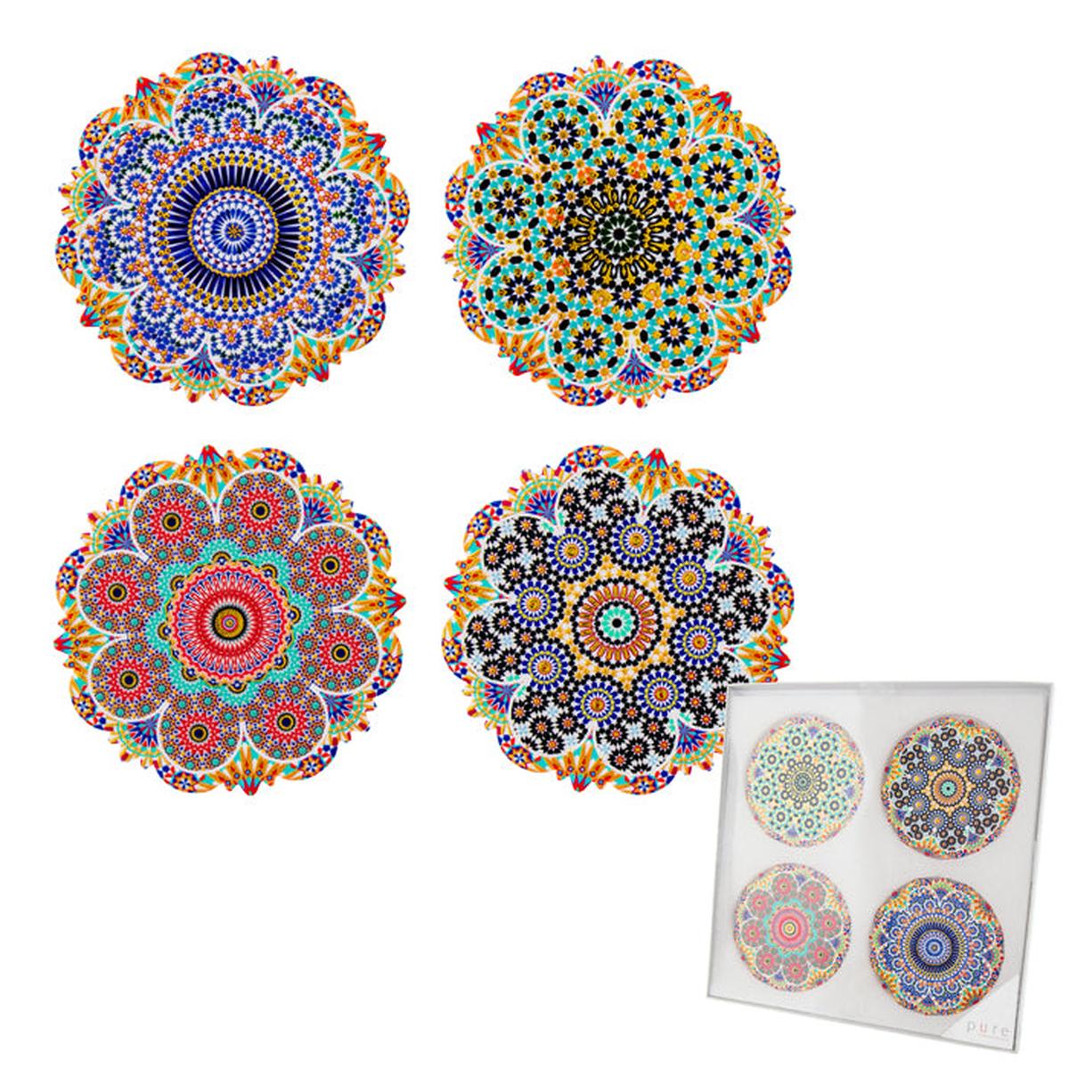 Pure Christmas Hepburn Mandala Round Ceramic Coaster Set of 4 – colourful ceramic coasters with intricate mandala designs, perfect for dining