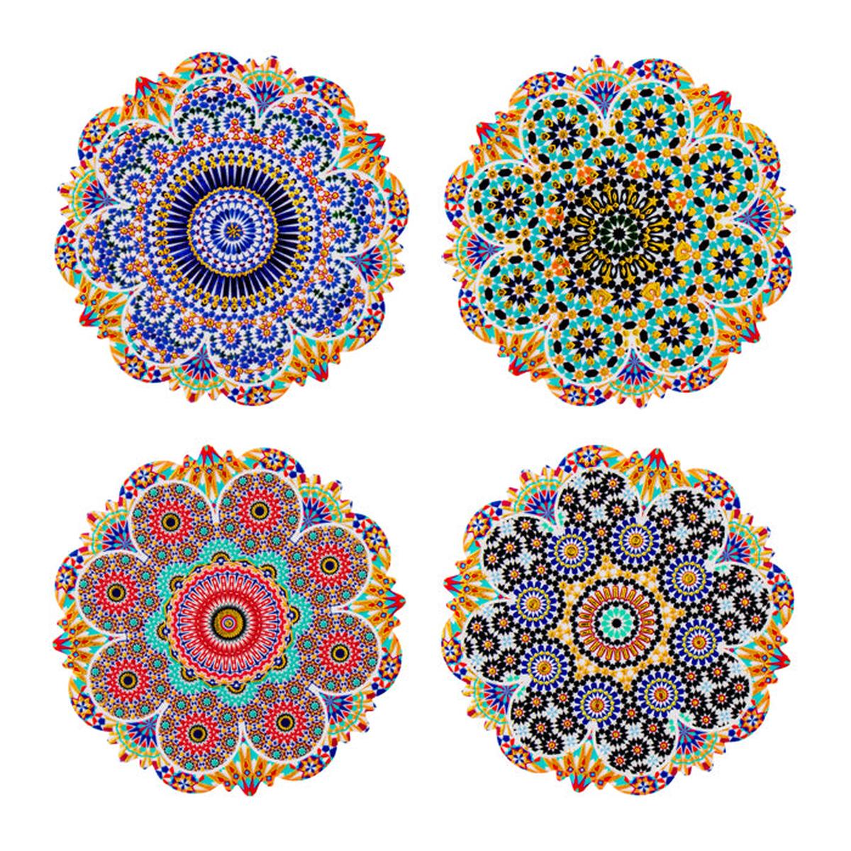 Pure Christmas Hepburn Mandala Round Ceramic Coaster Set of 4 – colourful ceramic coasters with intricate mandala designs, perfect for dining