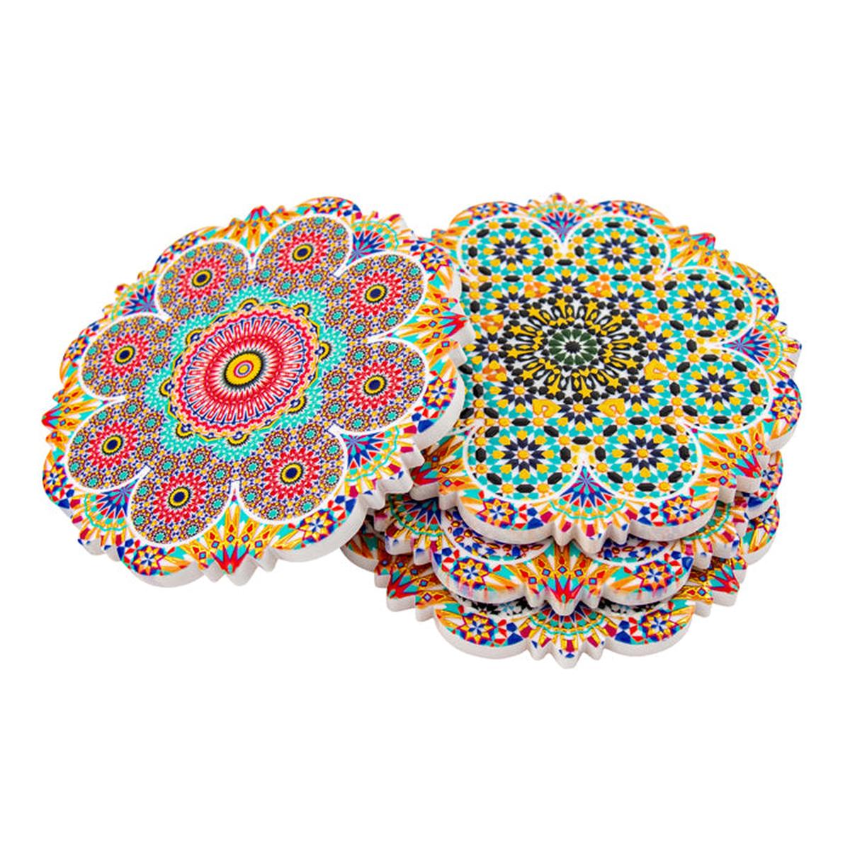 Pure Christmas Hepburn Mandala Round Ceramic Coaster Set of 4 – colourful ceramic coasters with intricate mandala designs, perfect for dining