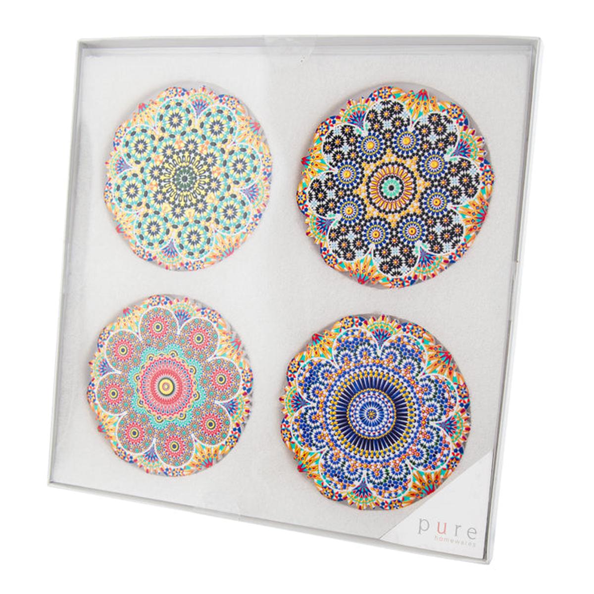 Pure Christmas Hepburn Mandala Round Ceramic Coaster Set of 4 – colourful ceramic coasters with intricate mandala designs, perfect for dining
