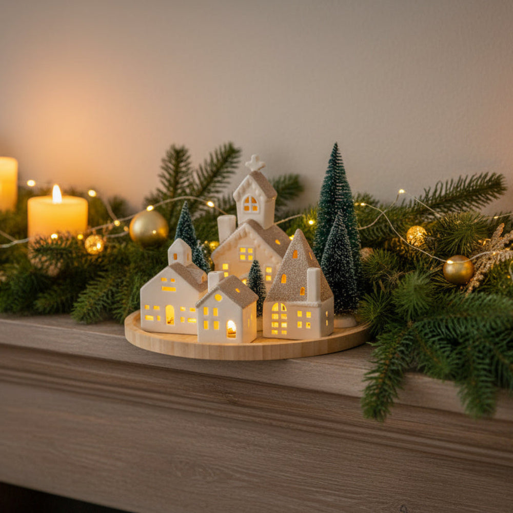 Pure Christmas Round LED House Tray Set Gold 30cm