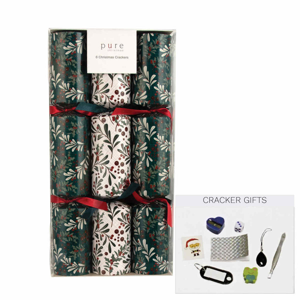 Pure Christmas Holly Premium Crackers Green/White (Set of 6)