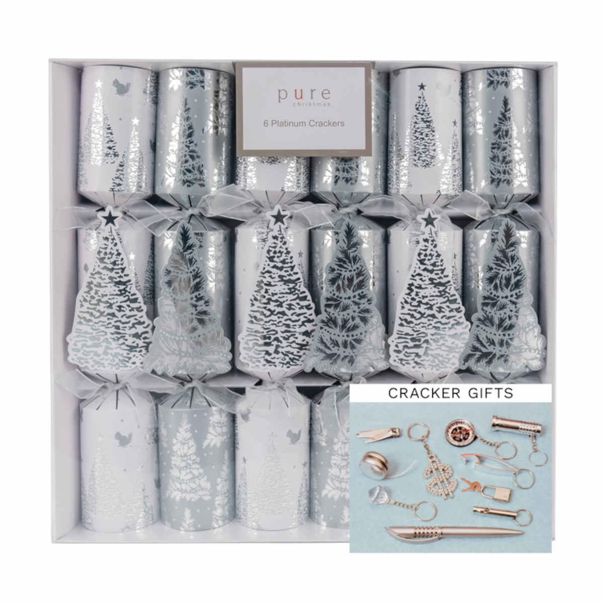 Pure Christmas Platinum Tree Cracker White/Silver 36cm (Set of 6) | Minimax