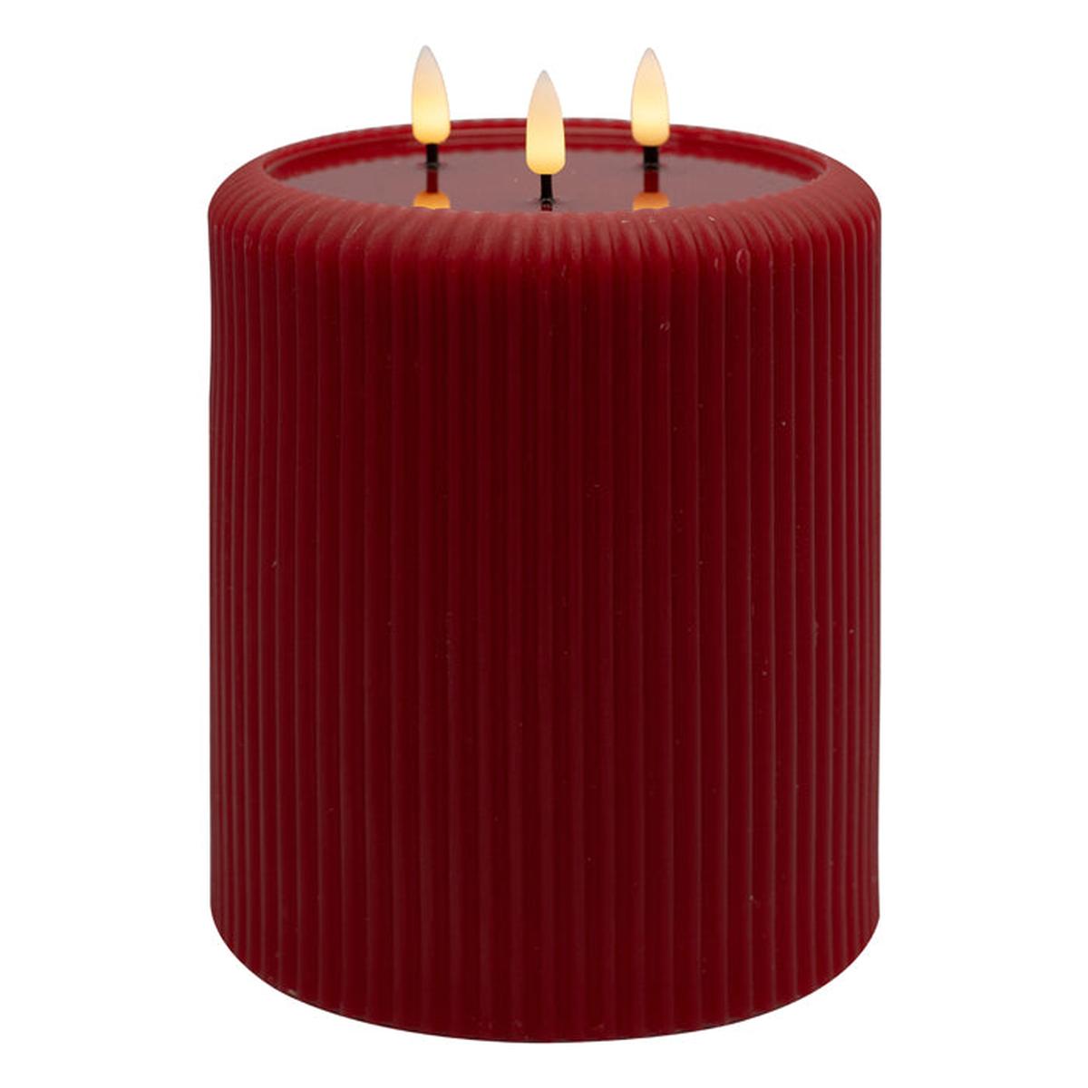 Pure Christmas LED Aura Ribbed Candle Red 15x20cm – large flameless LED pillar candle with ribbed design and triple flame effect
