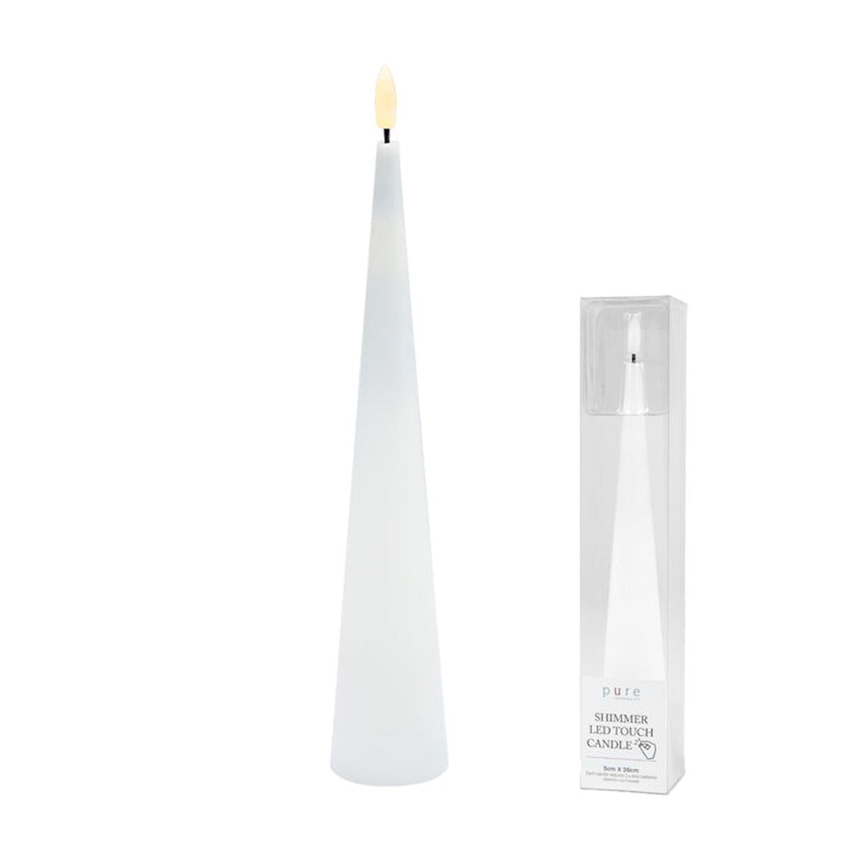 Pure Christmas LED Shimmer Touch Candle White Large 26cm – tall cone-shaped LED candle with shimmering white finish and touch control