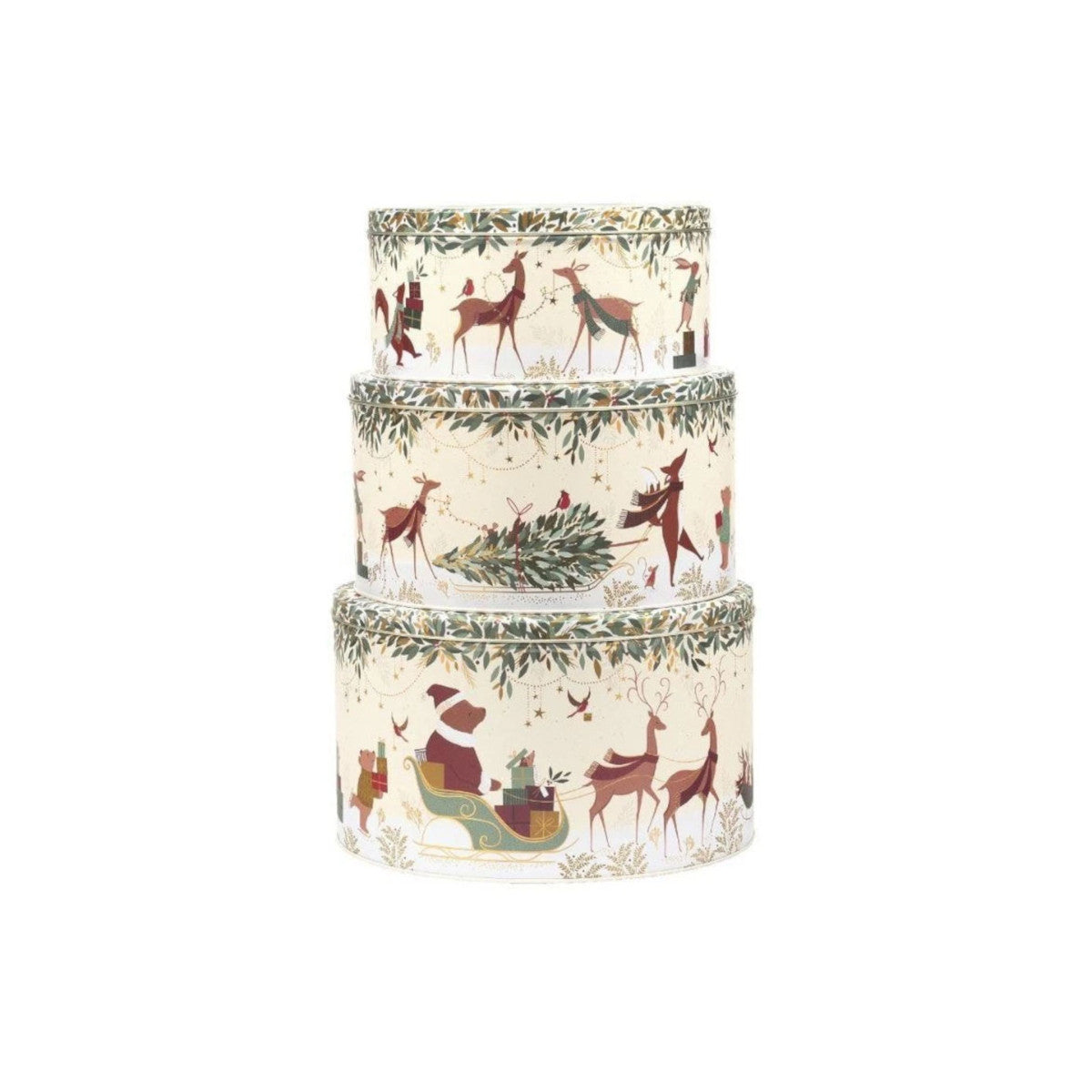Sara Miller Woodland Tales Bear small round tin 19.5 x 9.5cm with festive forest design